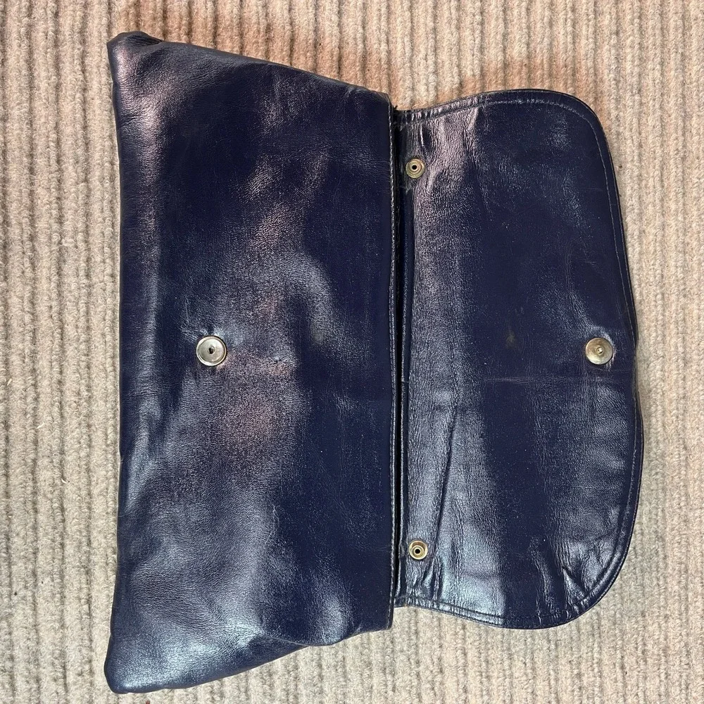 Vintage Navy Blue Leather Envelope Clutch Minimalist Evening Handbag Midnight